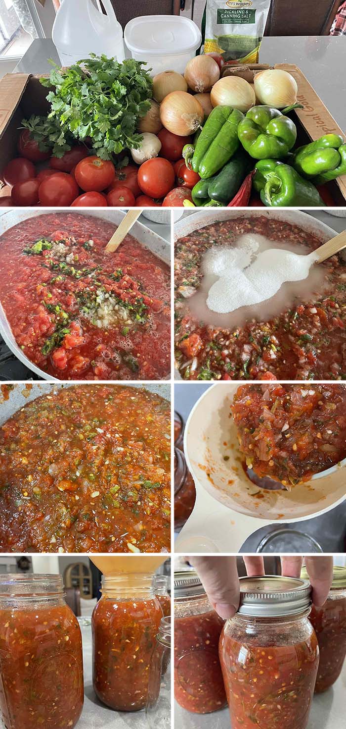 7-photo picture collage of step-by-step photos of how to make homemade salsa for canning.
