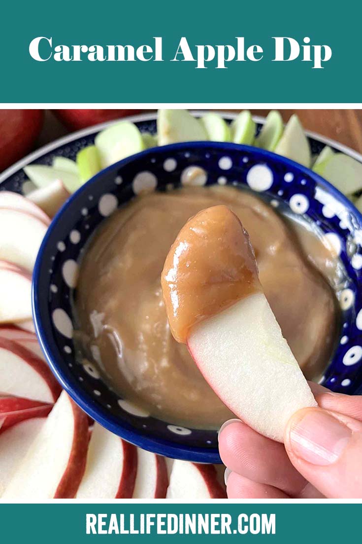 Pinterest picture of Caramel Apple Dip with the text of the title at the top.