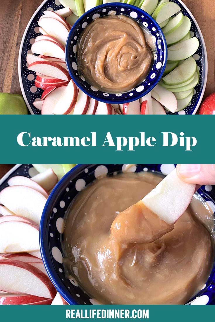 Two-photo Pinterest picture of Caramel Apple Dip with the text of the title in the middle.