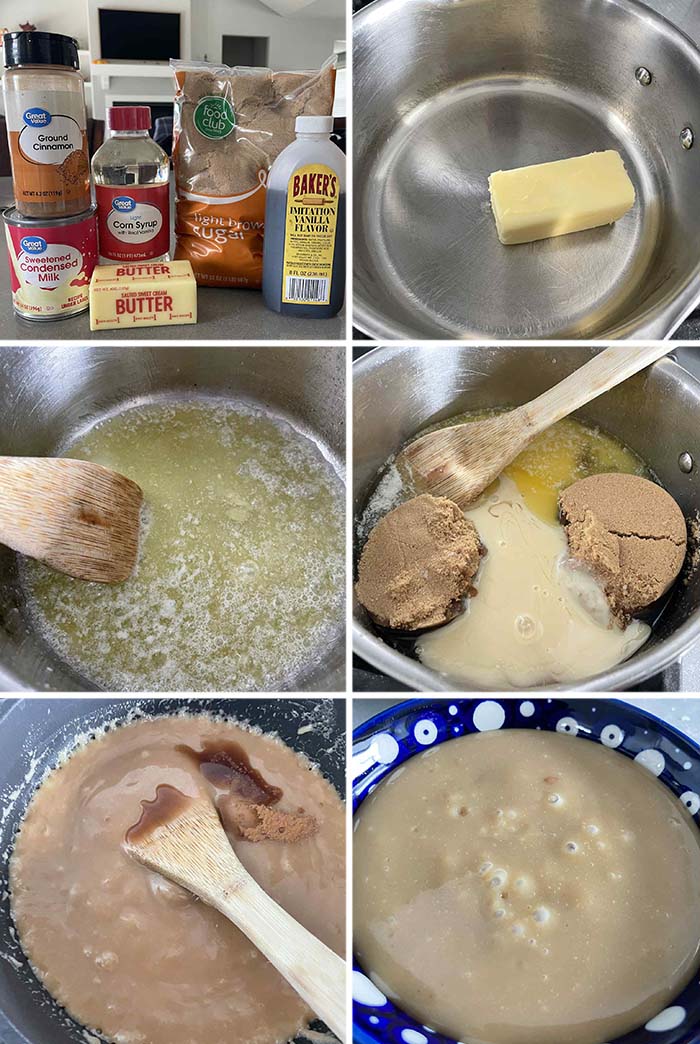 6-photo picture collage of step-by-step photos of how to make Caramel Apple Dip.