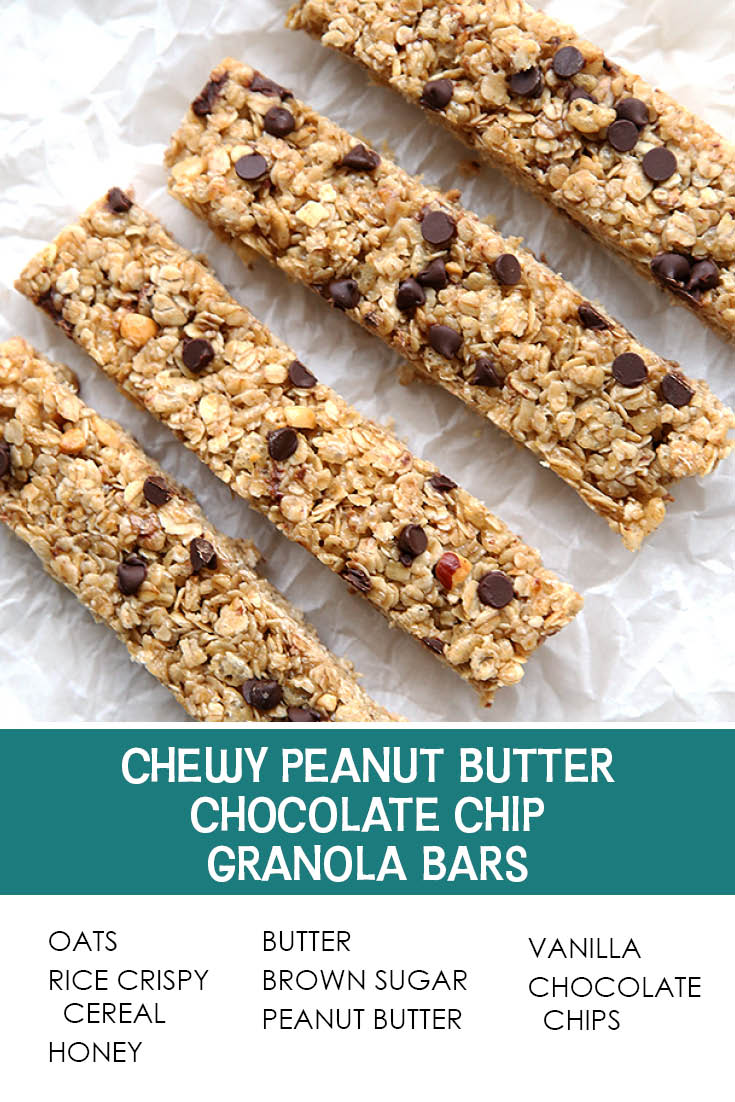Pinterest picture of Chewy Peanut Butter Chocolate Chip Granola Bars with the text of the ingredients at the bottom and the text of the title above the ingredients list.