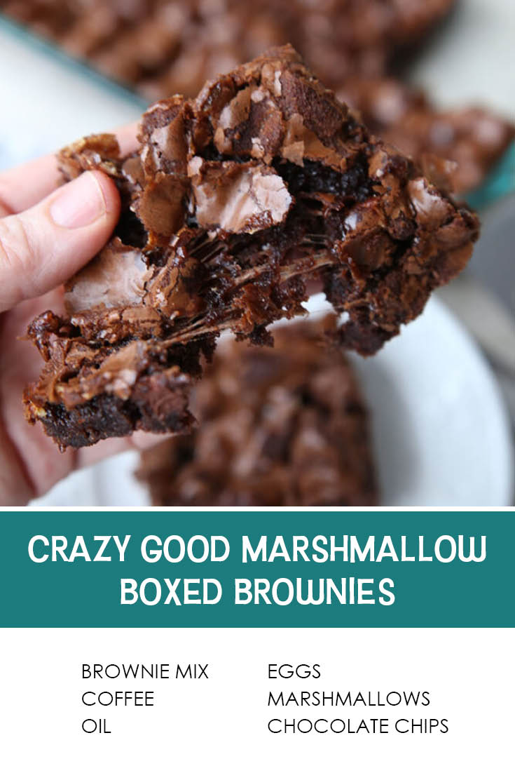 Pinterest picture of Crazy Good Marshmallow Boxed Brownies with the text of the ingredients at the bottom with the text of the title above the ingredients list.