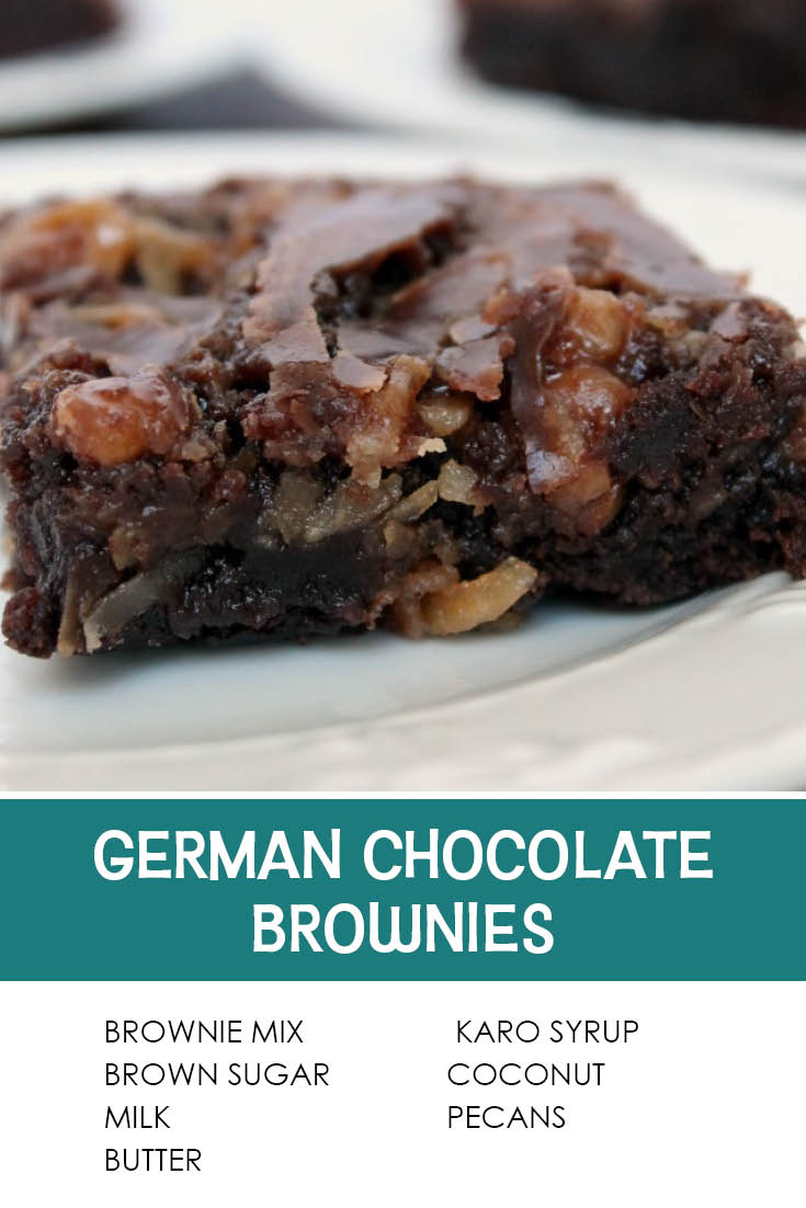Pinterest picture of German Chocolate Brownies with the text of the ingredients at the bottom and the text of the title above the ingredients list.