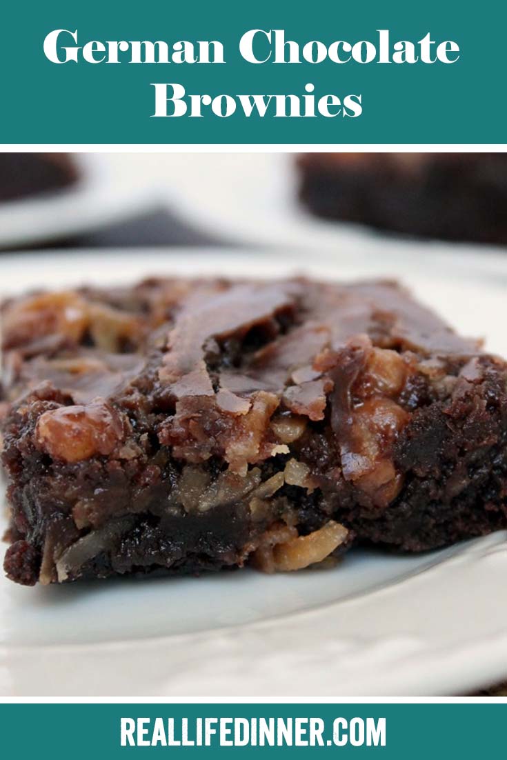 Pinterest picture of German Chocolate Brownies with the text of the title at the top.