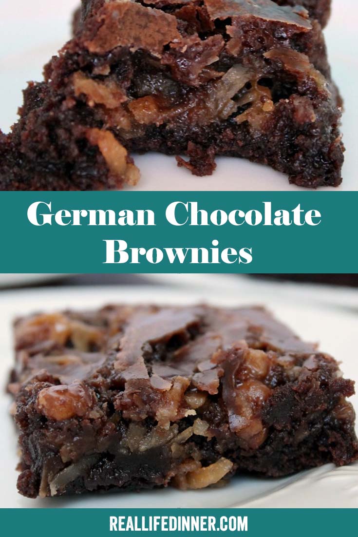 Two-photo Pinterest picture of German Chocolate Brownies with the text of the title in the middle.