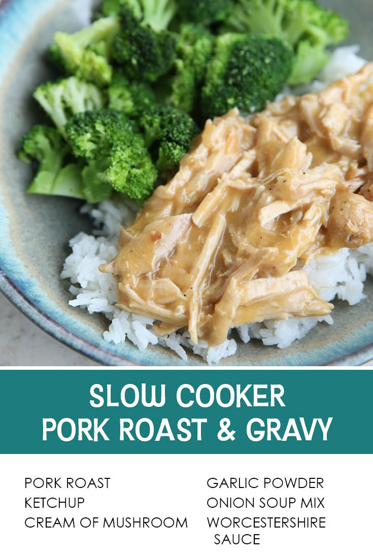 Pinterest picture of Slow cooker Pork Roast Gravy with the text of the ingredients at the bottom and the text of the title above the ingredients list.