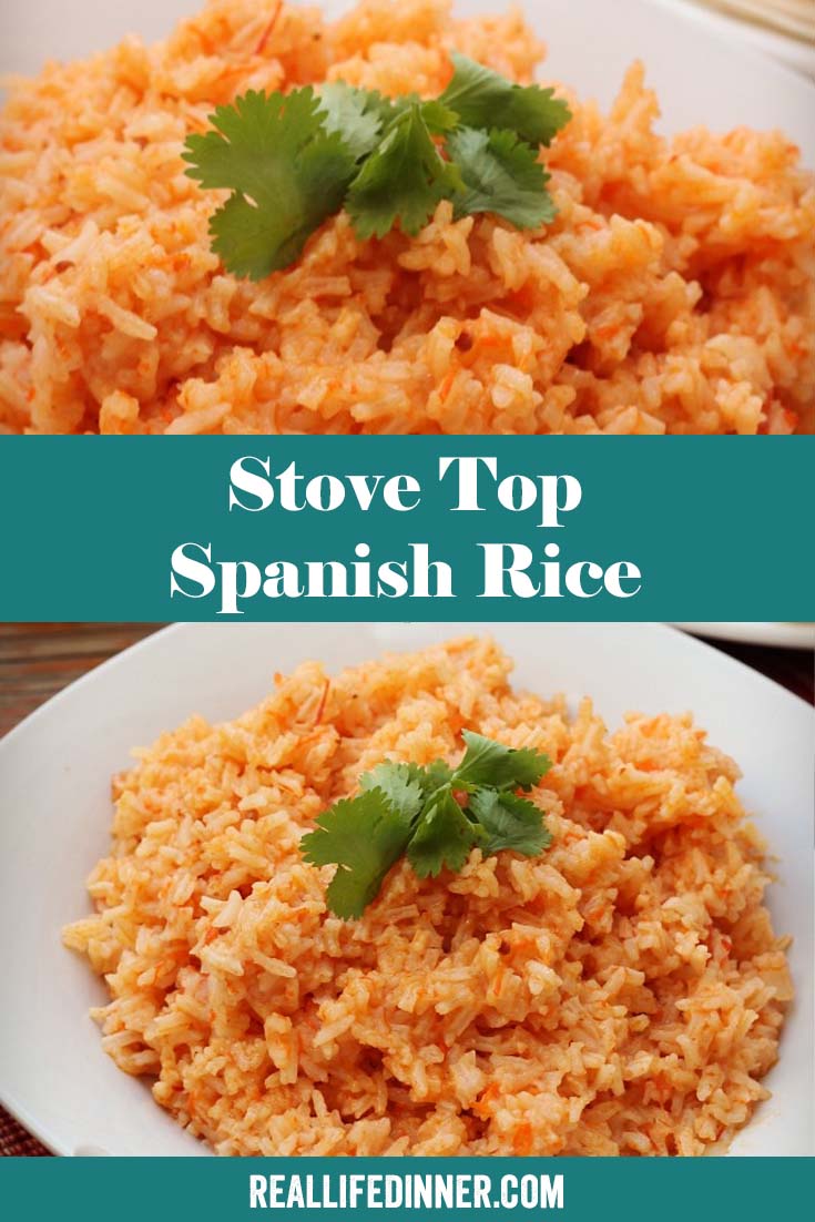 Two-photo Pinterest picture of Stove top Spanish Rice with the text of the title in the middle separating the two photos.