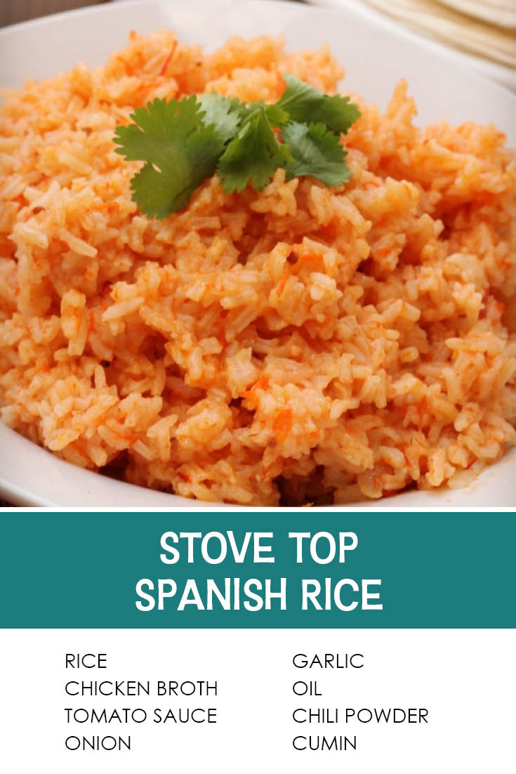 Pinterest picture of Stove Top Spanish Rice with the text of the ingredients at the bottom and the text of the title above the ingredients list.