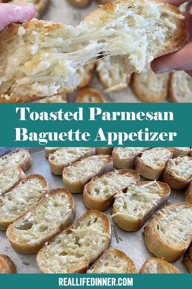 Two-photo Pinterest picture of toast parmesan baguette appetizer with the text of the title in the middle, separating the two photos.
