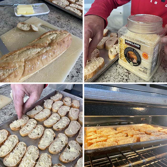 Four-photo picture collage of step-by-step photos for how to make Toasted Parmesan baguette appetizer.