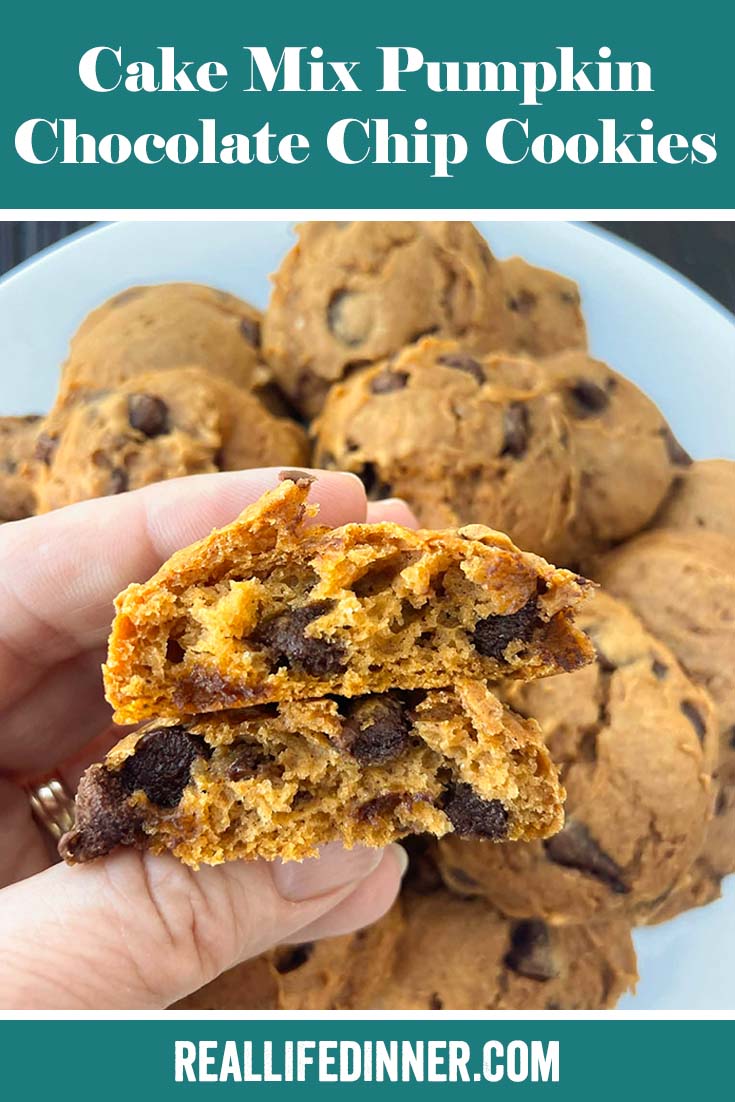 Pinterest picture of Cake Mix Pumpkin Chocolate Chip Cookies with the text of the title at the top.