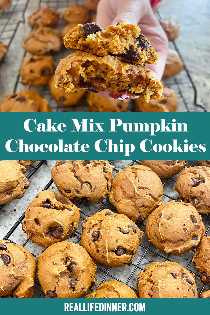 Two-photo Pinterest picture of Cake Mix Pumpkin Chocolate Chip Cookies with the text of the title in the middle, separating the two photos.