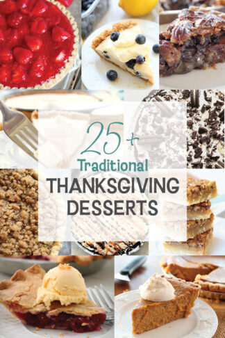 10-photo picture collage of Fresh strawberry pie, lemon blueberry chiffon pie, chocolate pecan pie, Key lime pie, Oreo pie, apple crisp, Samoa cookie pie, pecan pie bars, cherry pie, and pumpkin pie with the text of the title overlaid and centered on the photos.