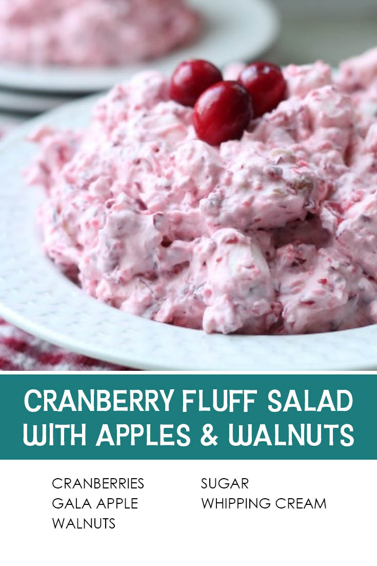 Pinterest picture of Cranberry Fluff Salad with the text of the ingredients at the bottom and the text of the title above the ingredients list.