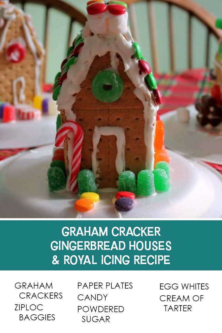 Pinterest picture of Graham Cracker Gingerbread House and Royal Icing Recipe. The text of the ingredients is at the bottom with the text of the title above the text of the ingredients.