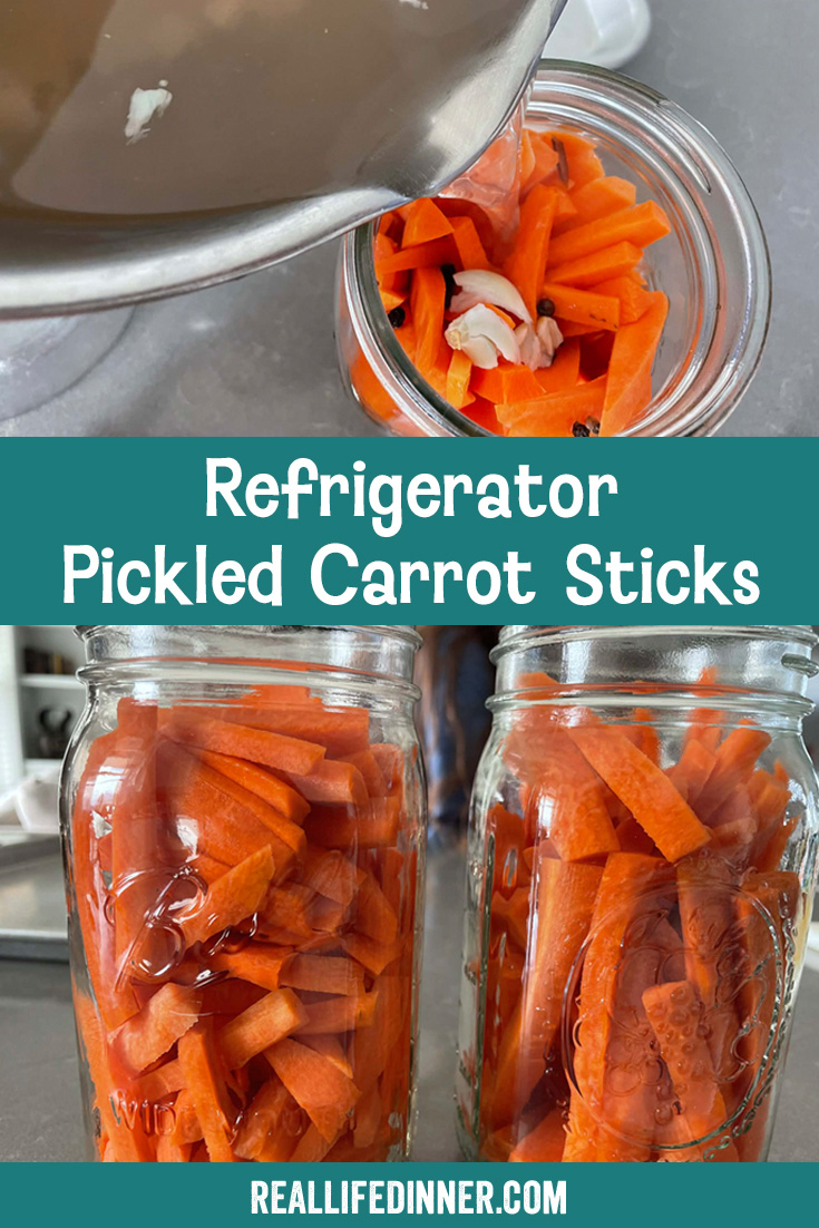 Two-photo Pinterest picture of Refrigerator Pickled Carrot Sticks with the text of the title in the middle, separating the two photos.
