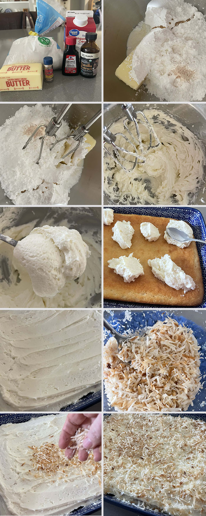10-photo picture collage of step-by-step photos of how to make coconut cake frosting and sprinkle the toasted coconut on top of the frosting.
