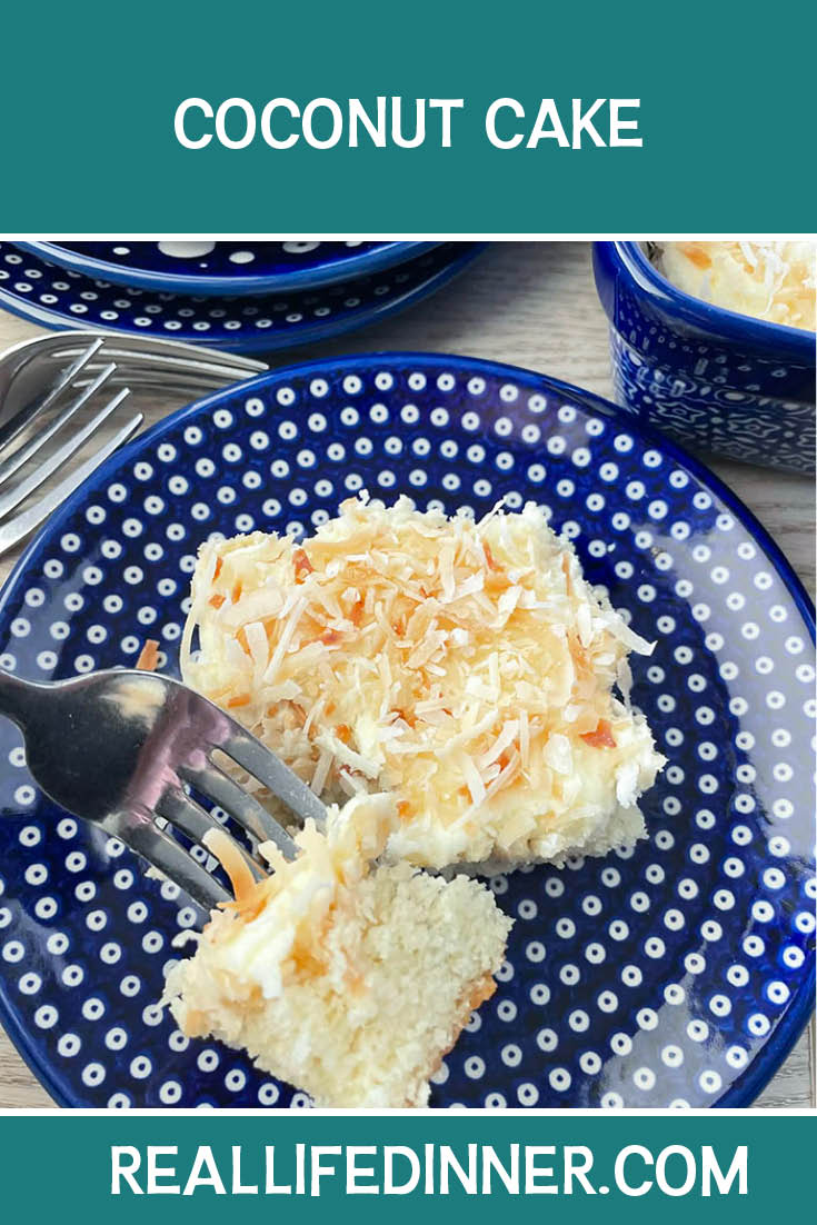Pinterest picture of Coconut cake with the text of the title at the top.