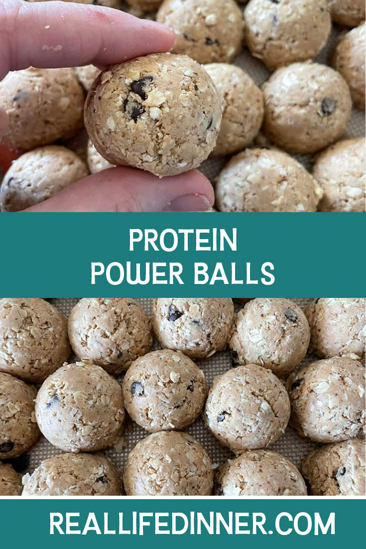 Two-photo Pinterest picture of Protein Power Balls with the text of the title in the middle.