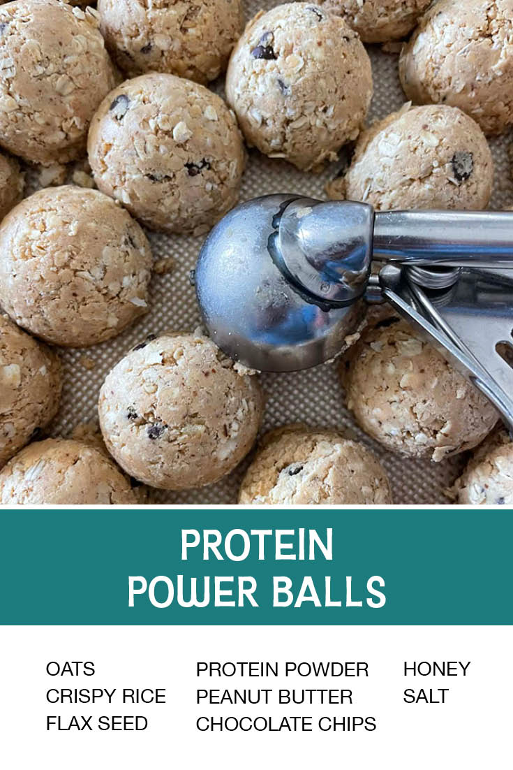 Pinterest picture of Protein Power Balls with the text of the ingredients at the bottom with the text of the title above the ingredients list.