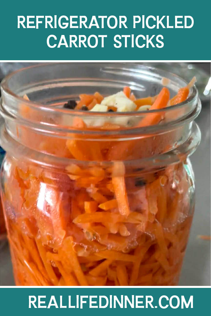 Pinterest picture of a jar of Refrigerator Pickled Carrot Sticks with the text of the title at the top.