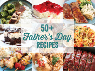 9-photo picture collage of bang bang salmon, resapberry shortcake dessert, pork ribs, brownie oreo ice cream cake, oven-baked dutch oven potatoes, spaghetti pasta salad, grilled teriyaki chicken kabobs, chimichanga, and meatloaf. The text of the title is centered in the middle and overlaid on top of the collage.