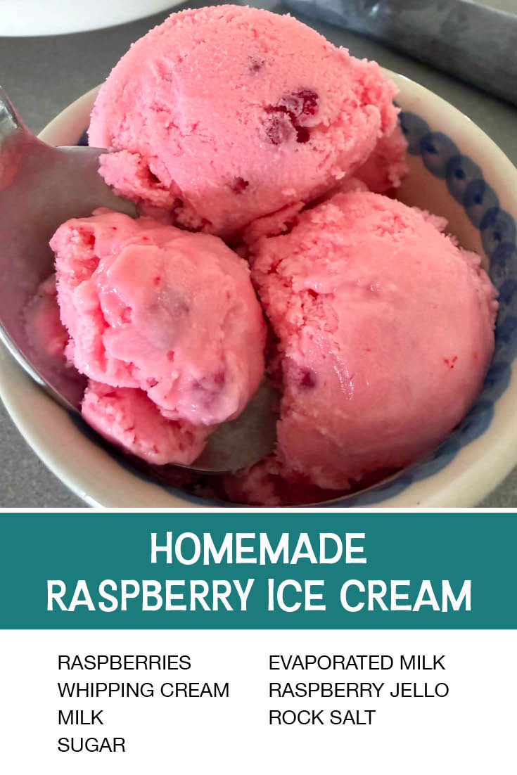 Pinterest picture of homemade raspberry ice cream with the text of the ingredients at the bottom with the text of the title directly above the ingredients list.