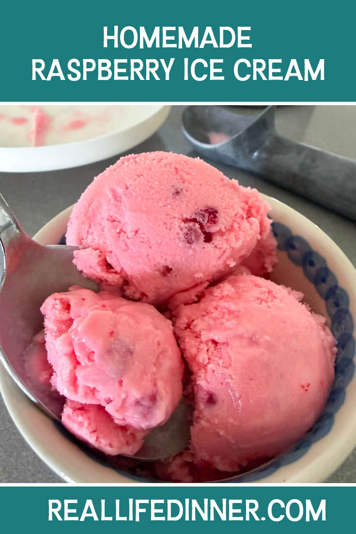 Pinterest picture of Homemade Raspberry Ice Cream with the text of the title at the top.