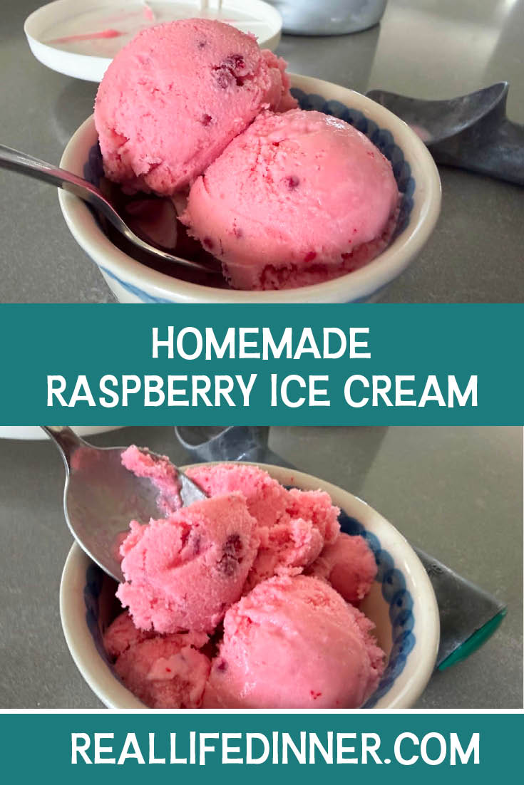 Two-photo Pinterest picture of Homemade Raspberry Ice Cream with the text of the title in the middle.