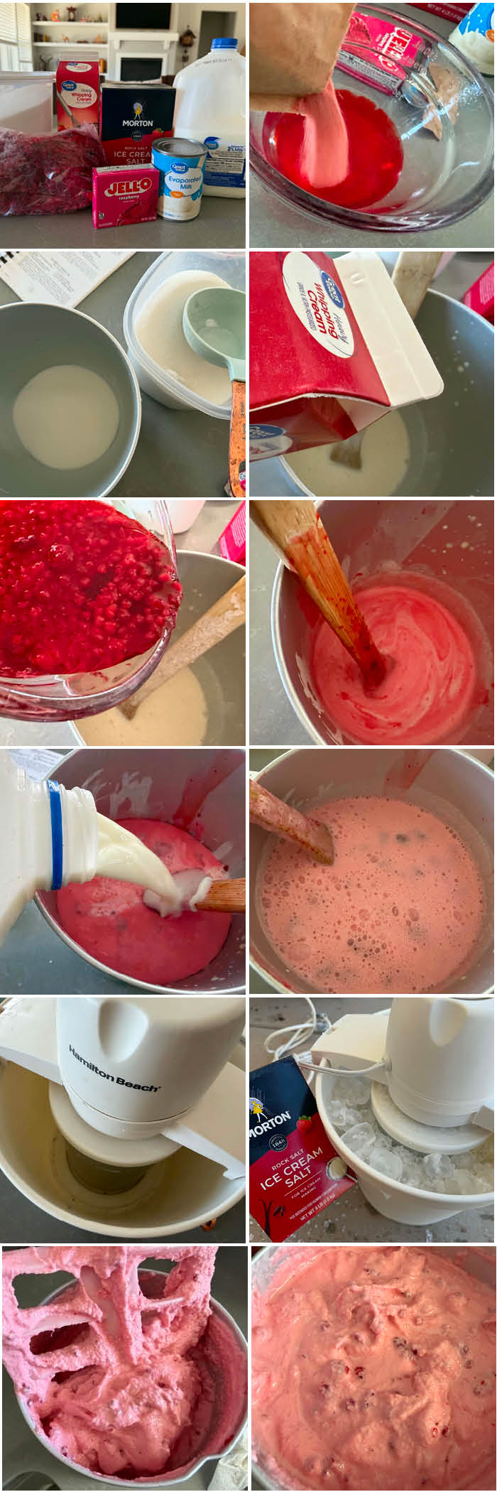 12-photo picture collage of how to make Homemade Raspberry Ice Cream.
