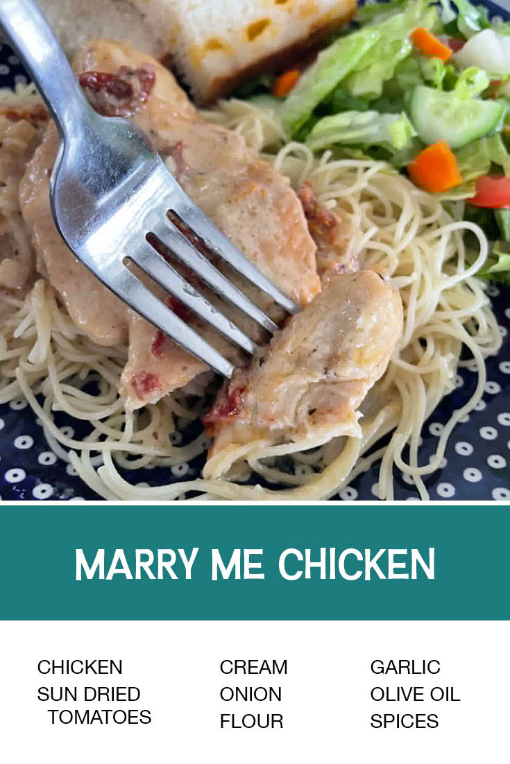 Pinterest picture of Marry Me Chicken with the text of the ingredients at the bottom and the text of the title above the ingredients' list.