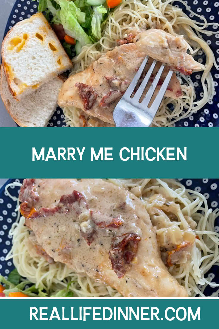Two-photo Pinterest picture of Marry me Chicken with the text of the title in the middle, separating the photos.