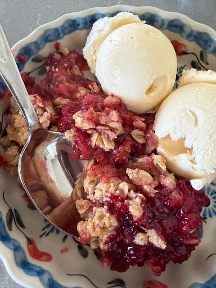 A dessert bowl with raspberry rhubarb crisp and two scoops of vanilla ice cream with a spoon inserted diagonally from the left into the crisp.