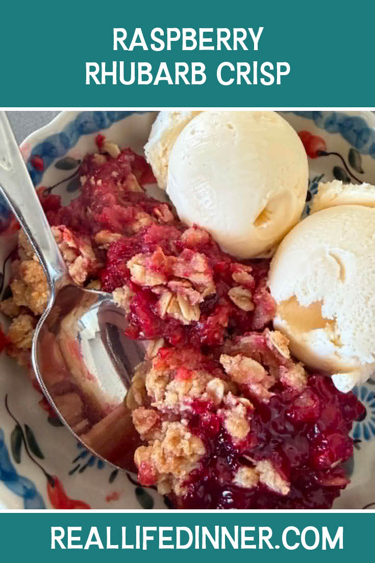 Pinterest picture of Rasberry Rhubarb Crisp with the text of the title at the top.