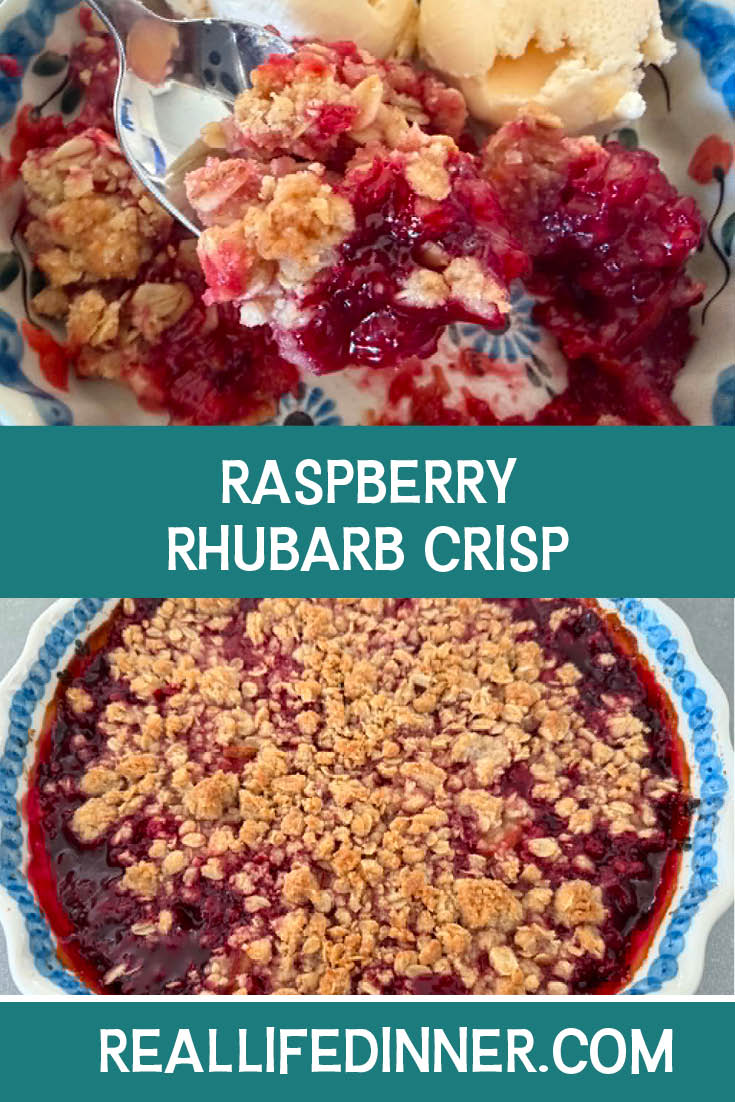 Two-photo Pinterest picture of Raspberry Rhubarb Crisp with the text of the title in the middle.