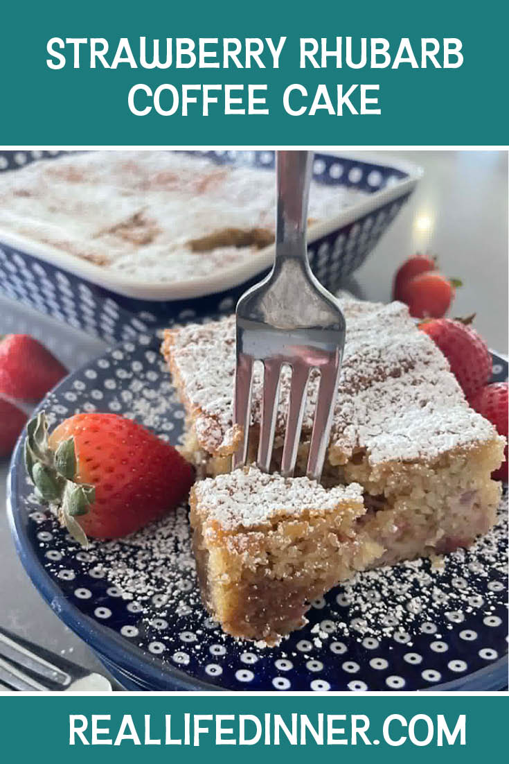 Pinterest photo of Strawberry Rhubarb Coffee Cake with the text of the title at the top.