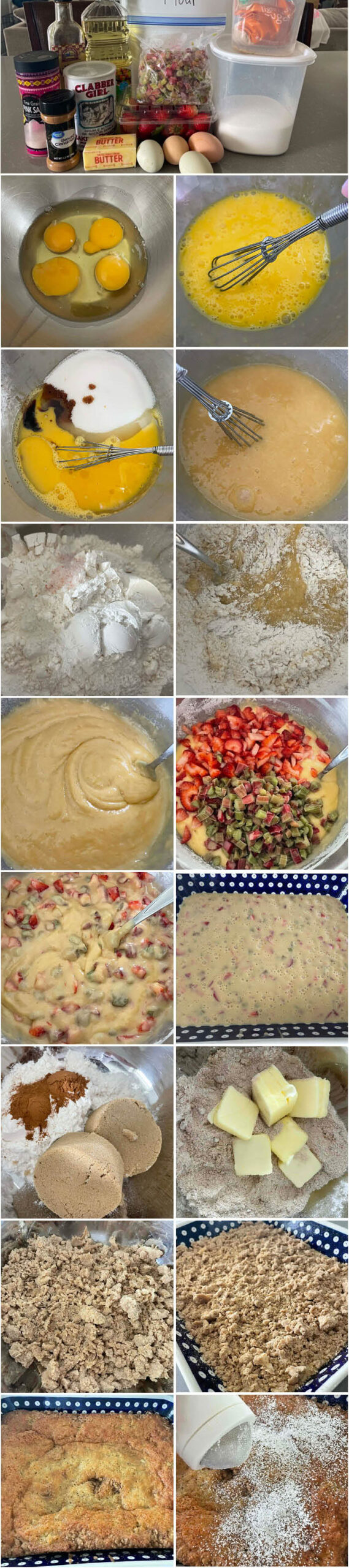 17-photo picture collage of step-by-step photos of how to make Strawberry Rhubarb Coffee Cake.