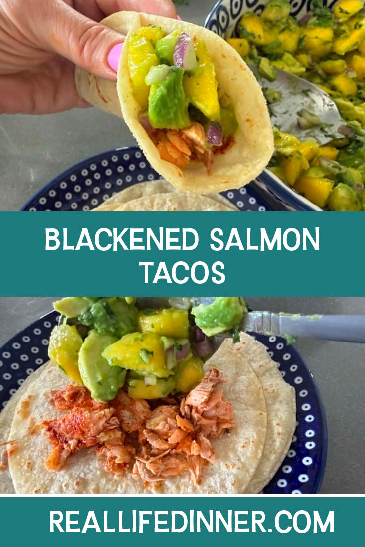 Two-photo Pinterest picture of Blackened Salmon Tacos with the text of the title in the middle, separating the two photos.
