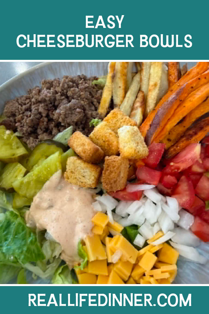 Pinterest picture of Easy Cheeseburger Bowls with the text of the title at the top.