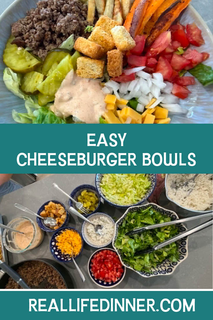 Two-photo Pinterest picture of Easy Cheeseburger Bowls with the text of the title in the middle, separating the two photos.