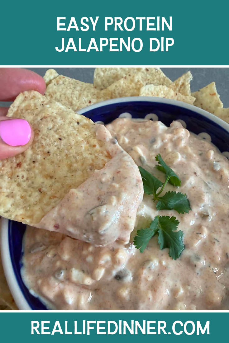 Pinterest picture of Easy Protein Jalapeno Dip with the text of the title at the top.