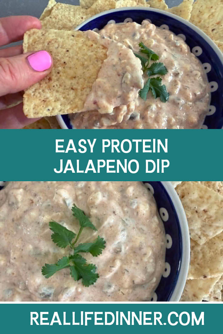 Two-photo Pinterest picture of Easy Protein Jalapeno Dip with the text of the title in the middle, separating the two photos.