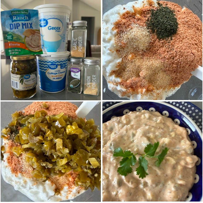 4-photo picture collage of step-by-step photos of how to make Easy Protein Jalapeno Dip.