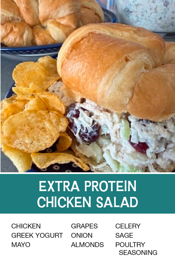 Pinterest picture of Extra Protein Chicken Salad with the text of the ingredients at the bottom and the text of the title directly above it.