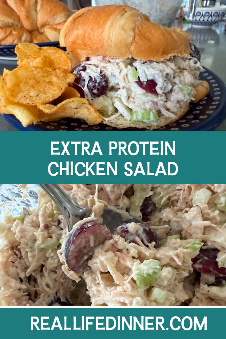 Two-photo Pinterest picture of Extra Protein Chicken Salad with the text of the title in the middle, separating the two photos.