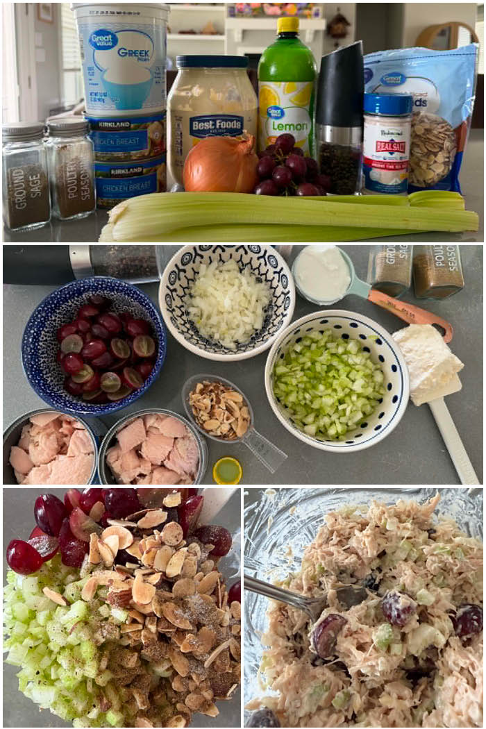 4-photo picture collage of step-by-step photos of how to make Extra Protein Chicken Salad.