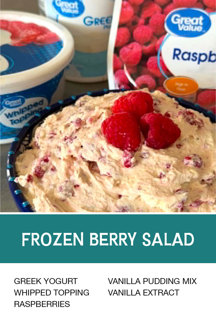 Pinterest picture of Frozen Berry Sald with the text of the ingredients at the bottom and the text of the title above the ingredients list.