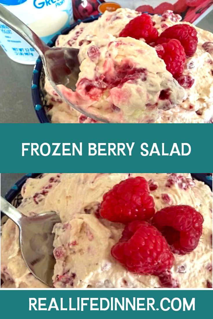 Two-photo Pinterest picture of Frozen Berry Salad with the text of the title in the middle separating the two photos.
