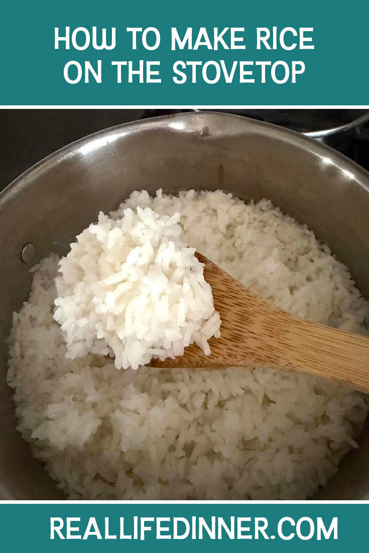 Pinterest picture of How to Make Rice on the Stovetop with the text of the title at the top.