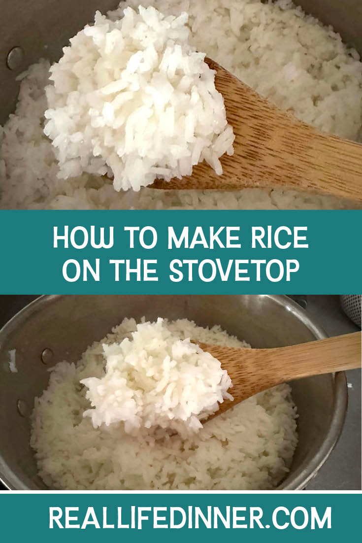Two-photo Pinterest picture of How to Make Rice on the Stovetop with the text of the title in the middle, separating the two photos.